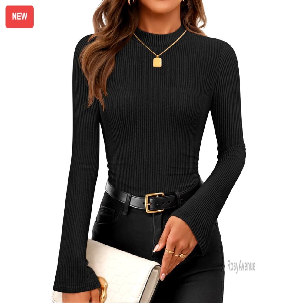 Long Sleeve Mock Neck Ribbed Slim Fit Top For Women, Polyester Blend
